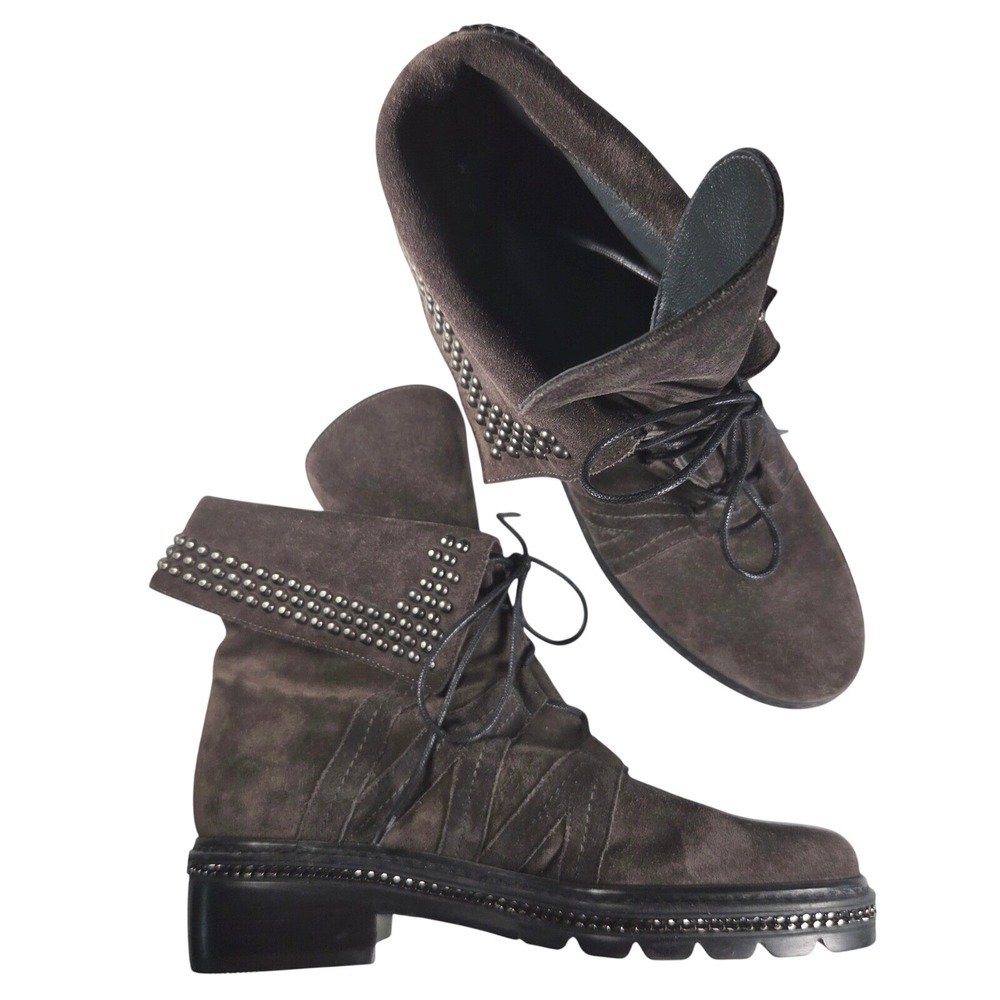 Stuart Weitzman Brown Suede Studded Fold Over Combat Boots 50400 Womens 6 M